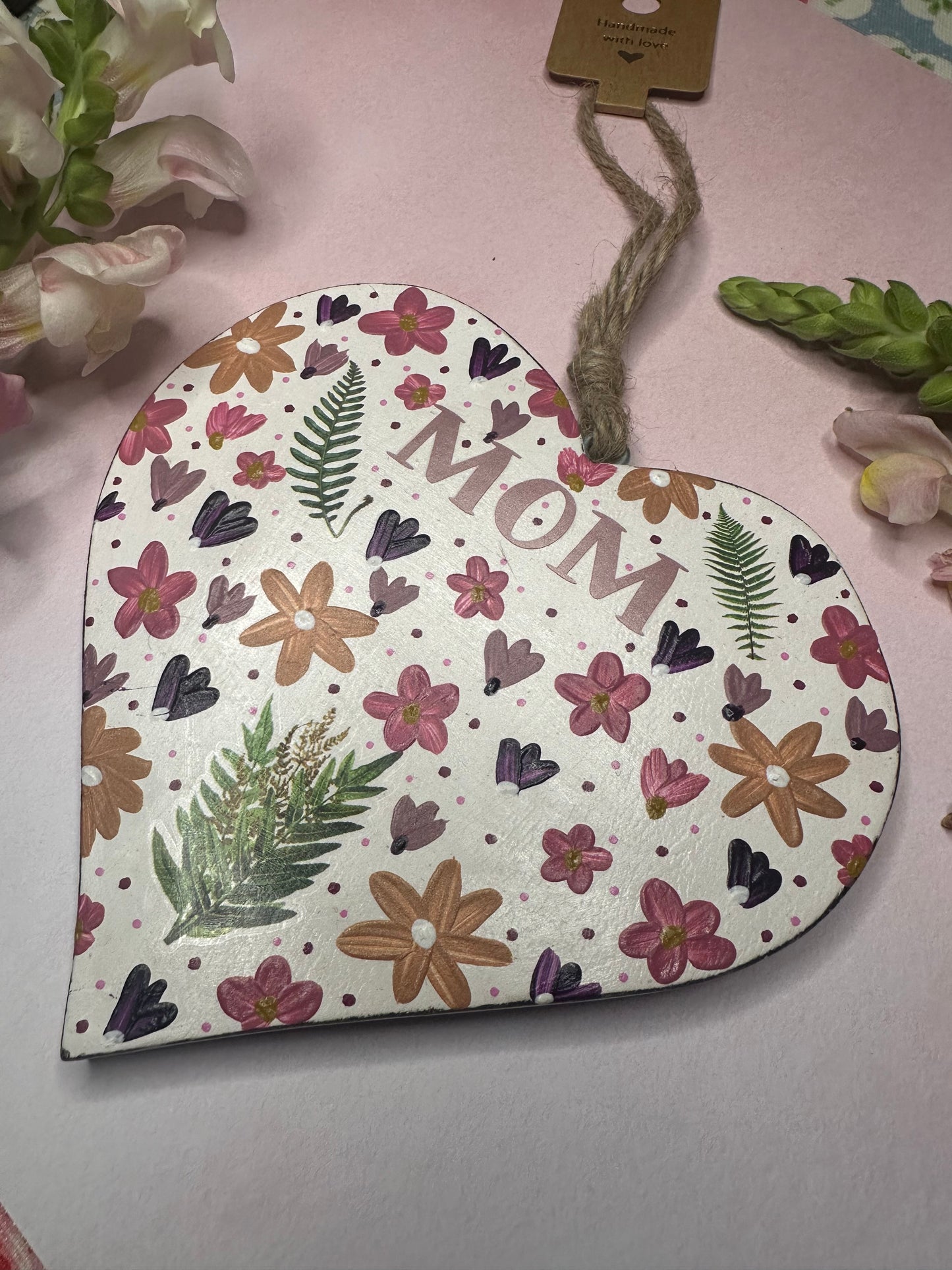 Mom Wooden Heart Large Floral