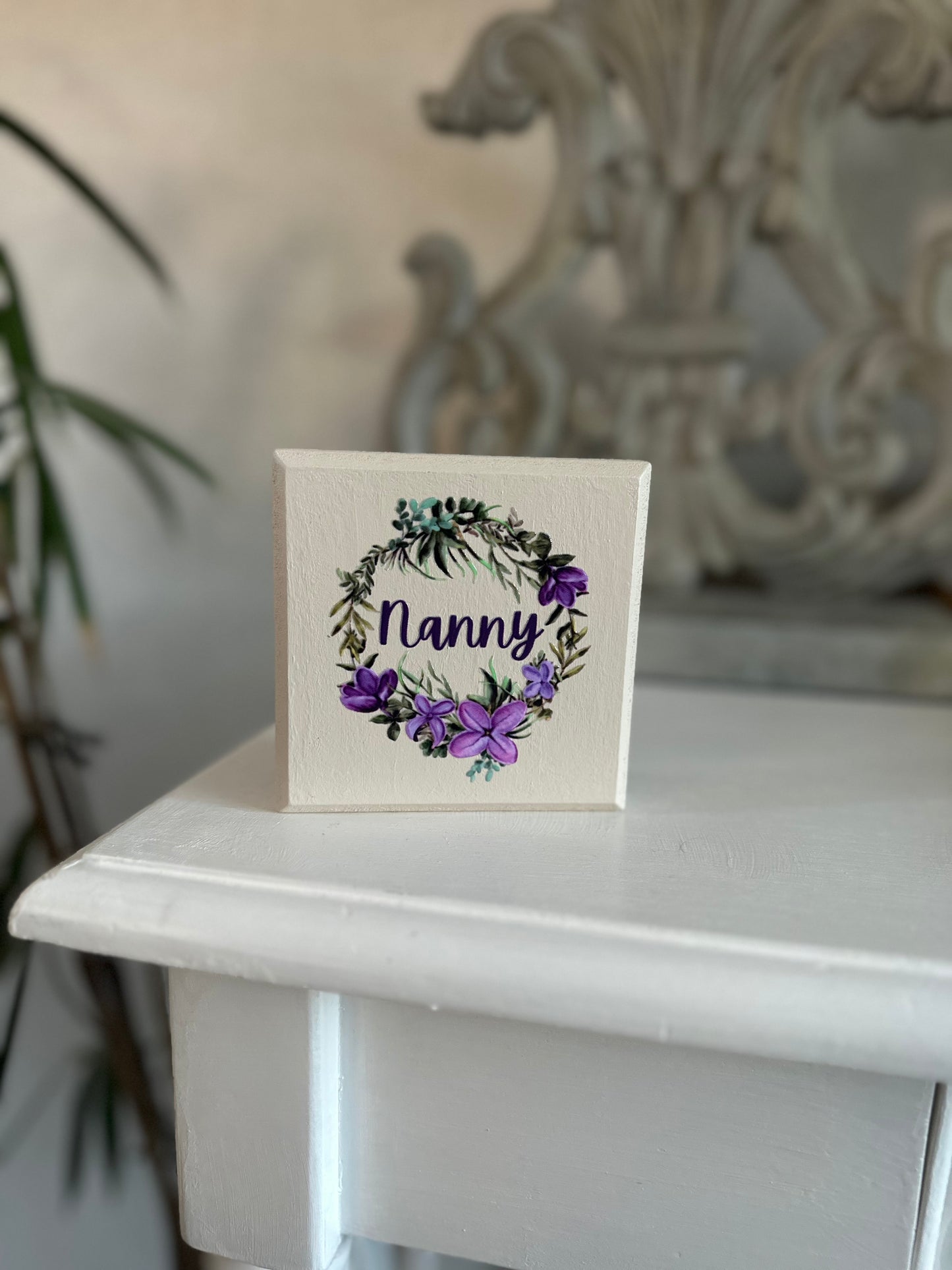 Nanny Freestanding Wooden Square Plaque Purple Wreath Flowers