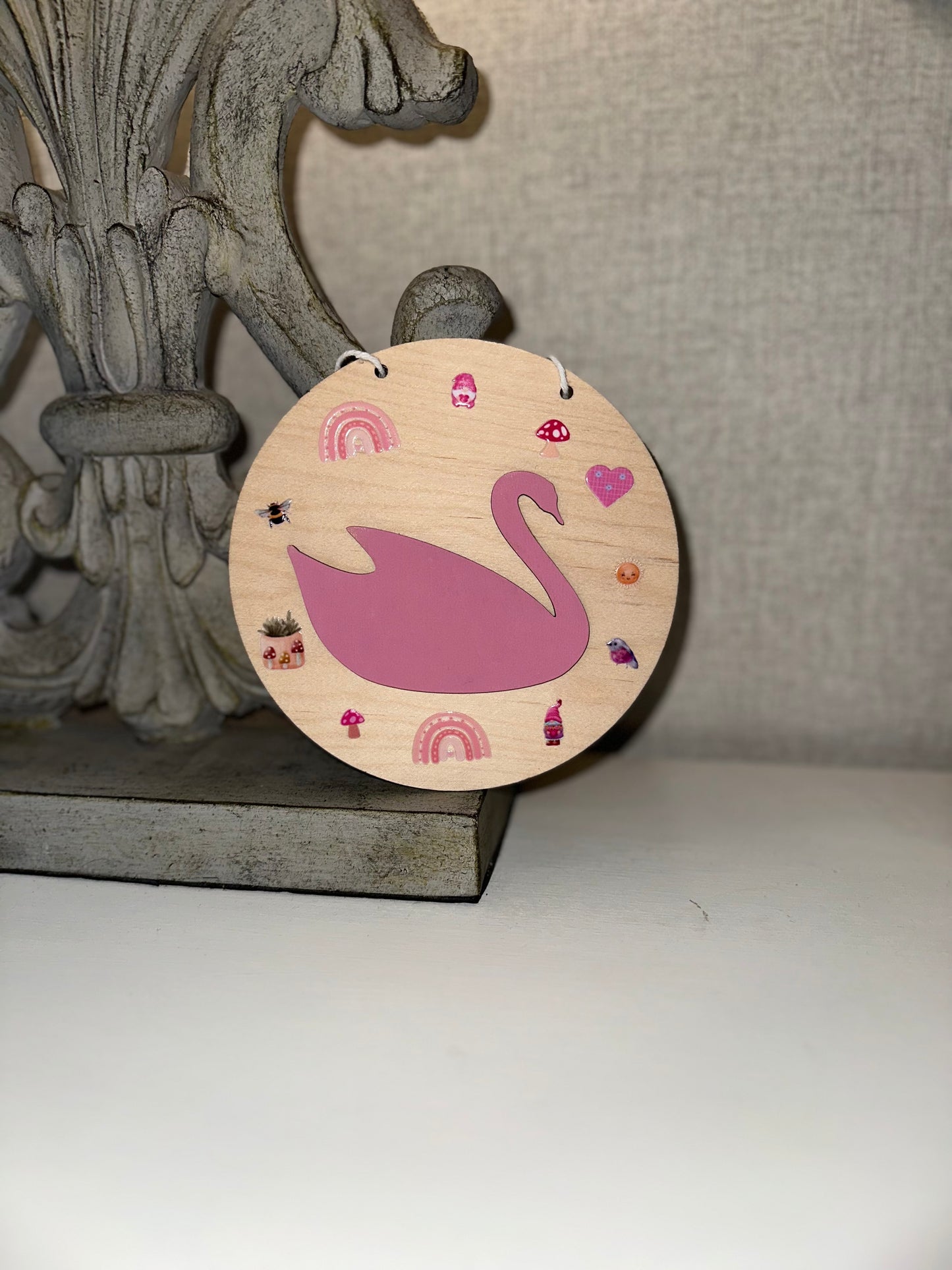 Swan hanging wooden disc