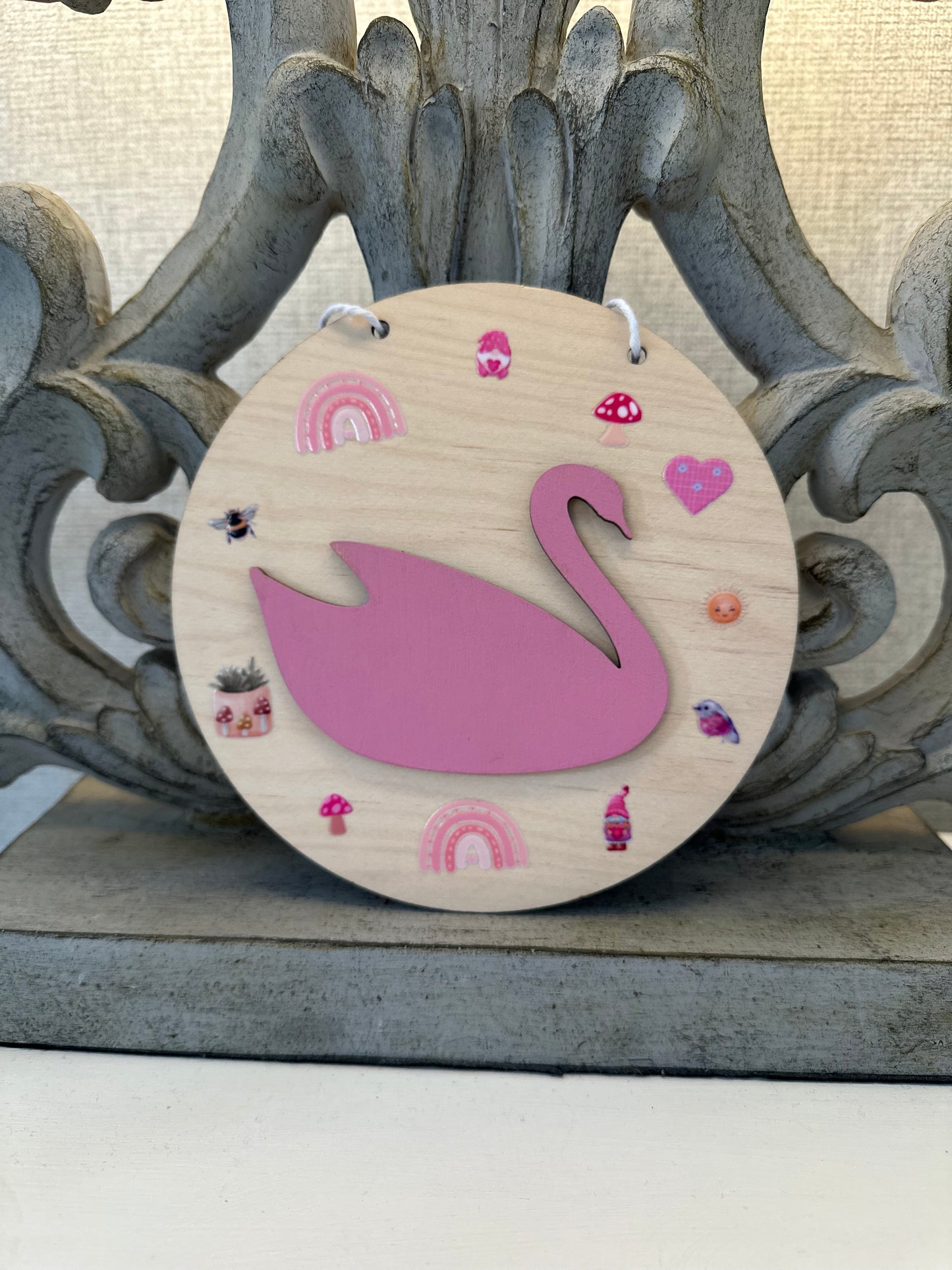 Swan hanging wooden disc