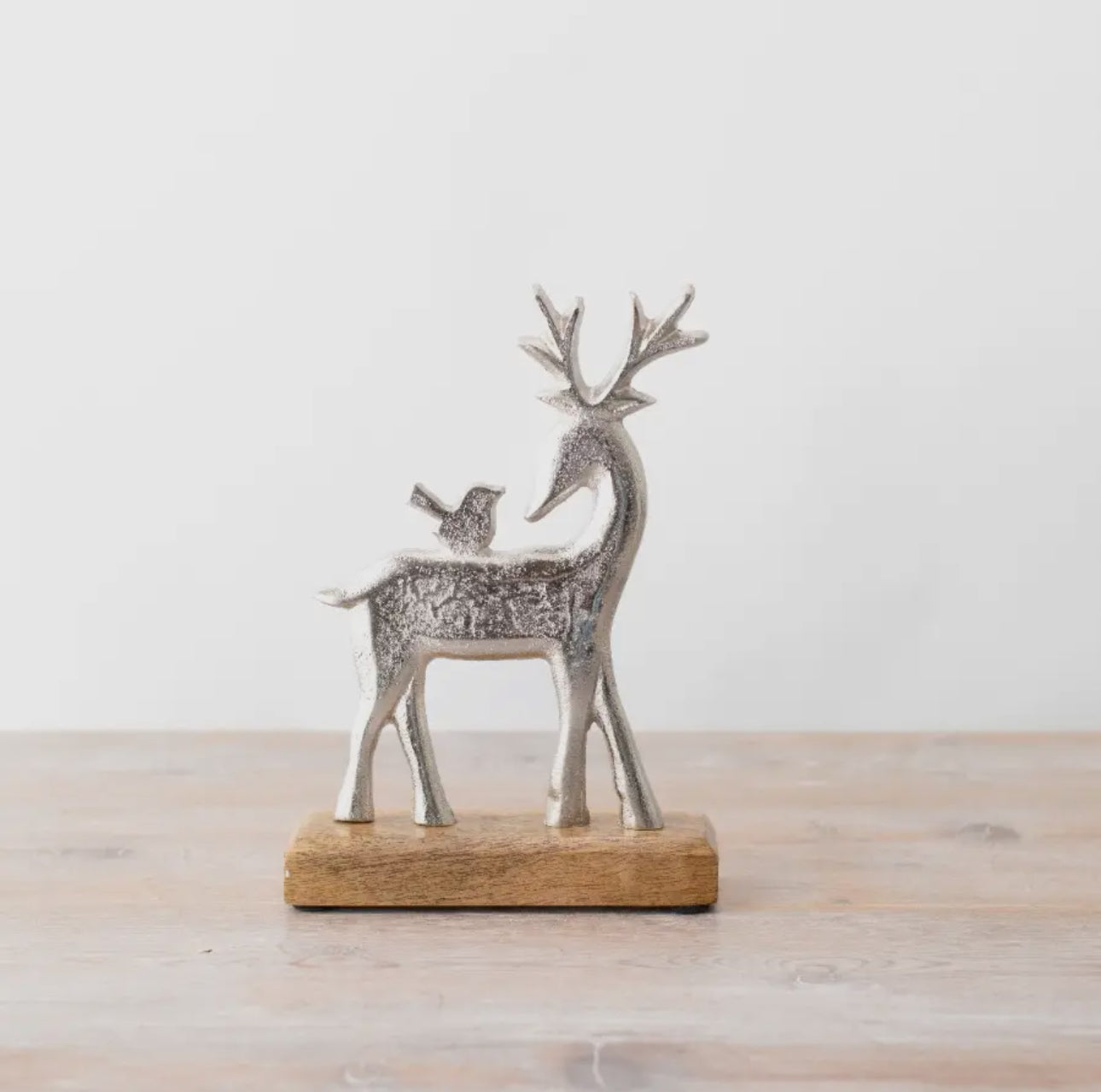 Silver Deer On Wooden Base 22cm