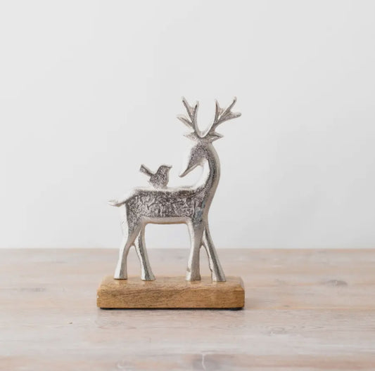 Silver Deer On Wooden Base 22cm