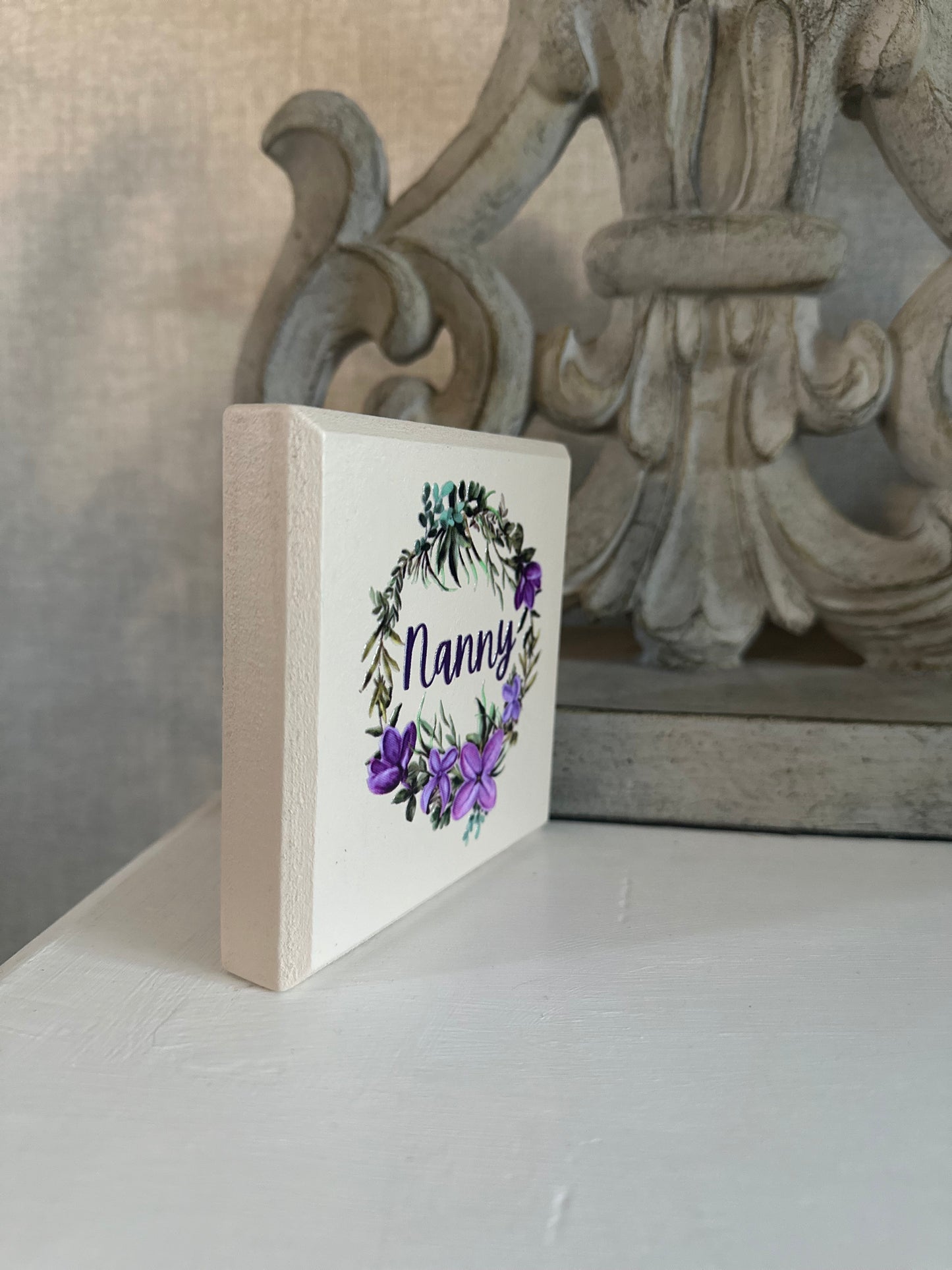 Nanny Freestanding Wooden Square Plaque Purple Wreath Flowers