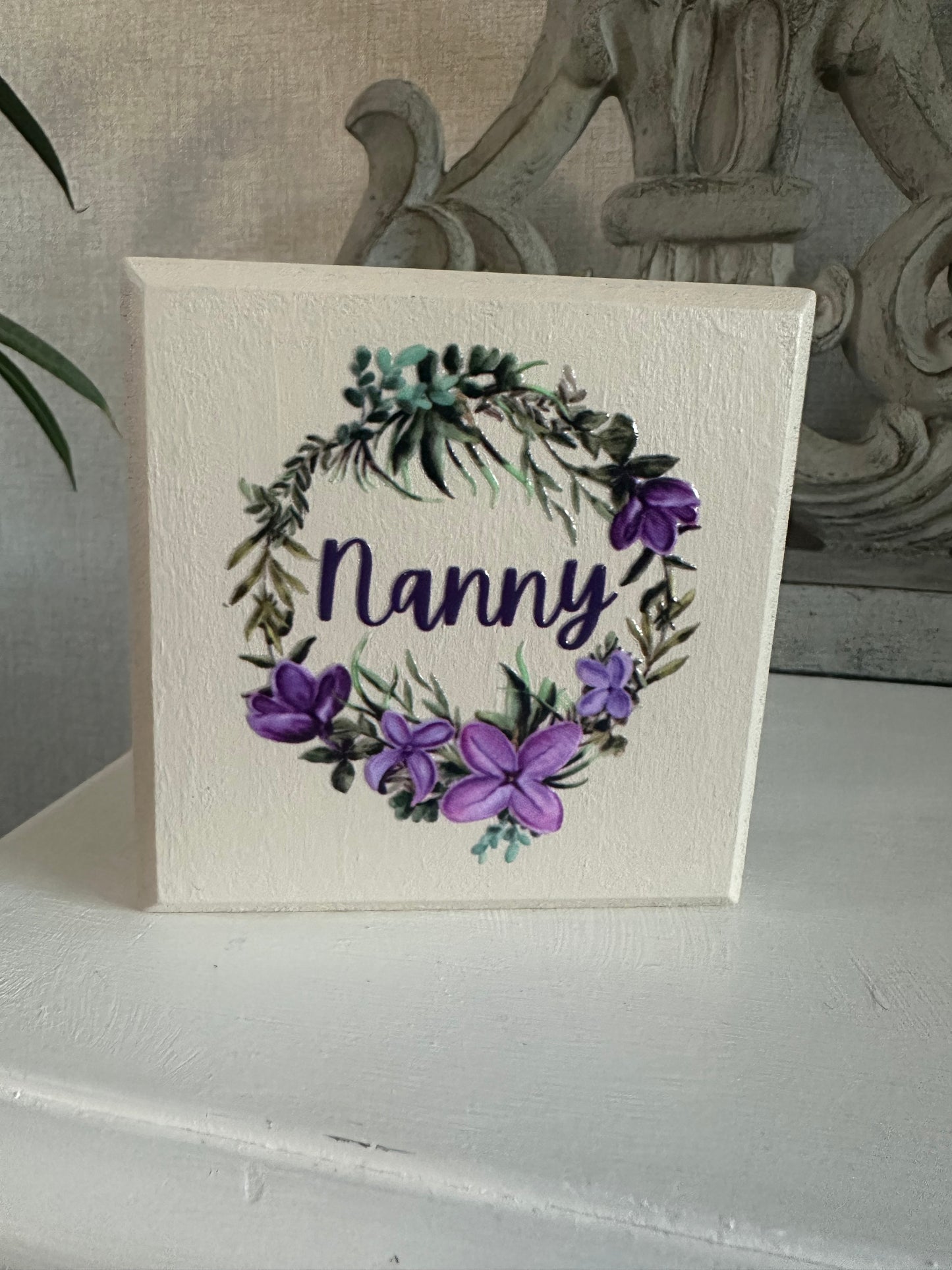Nanny Freestanding Wooden Square Plaque Purple Wreath Flowers