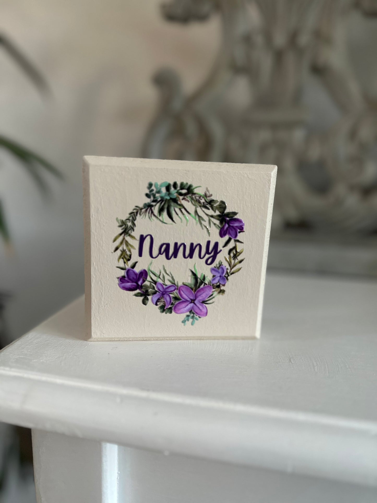 Nanny Freestanding Wooden Square Plaque Purple Wreath Flowers