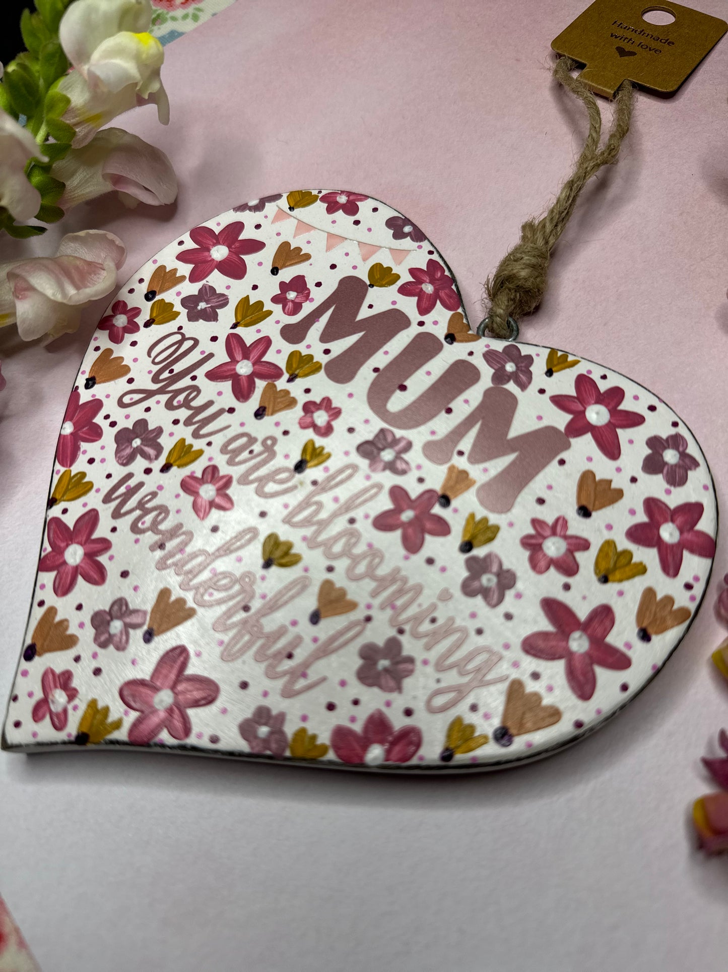 Mum Wooden Heart Large, Blooming Wonderful With Bunting