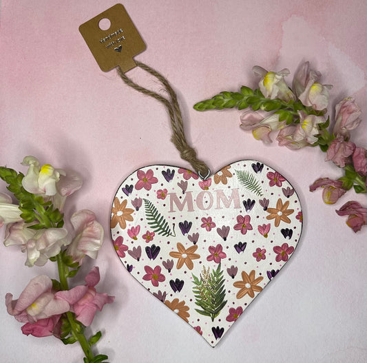 Mom Wooden Heart Large Floral