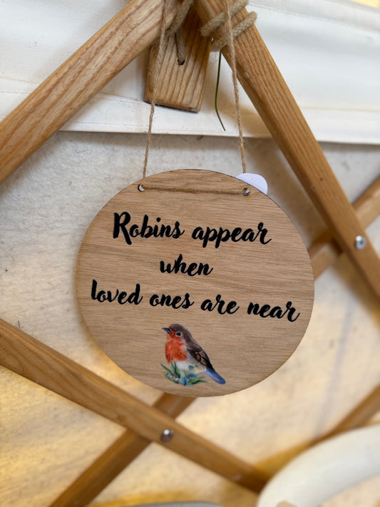 Robins appear oak hanging plaque