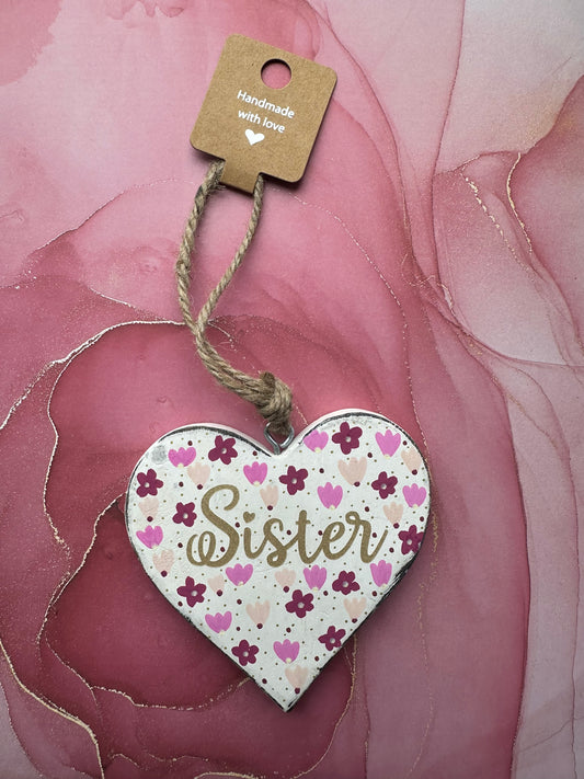 Sister Wooden Heart Pink