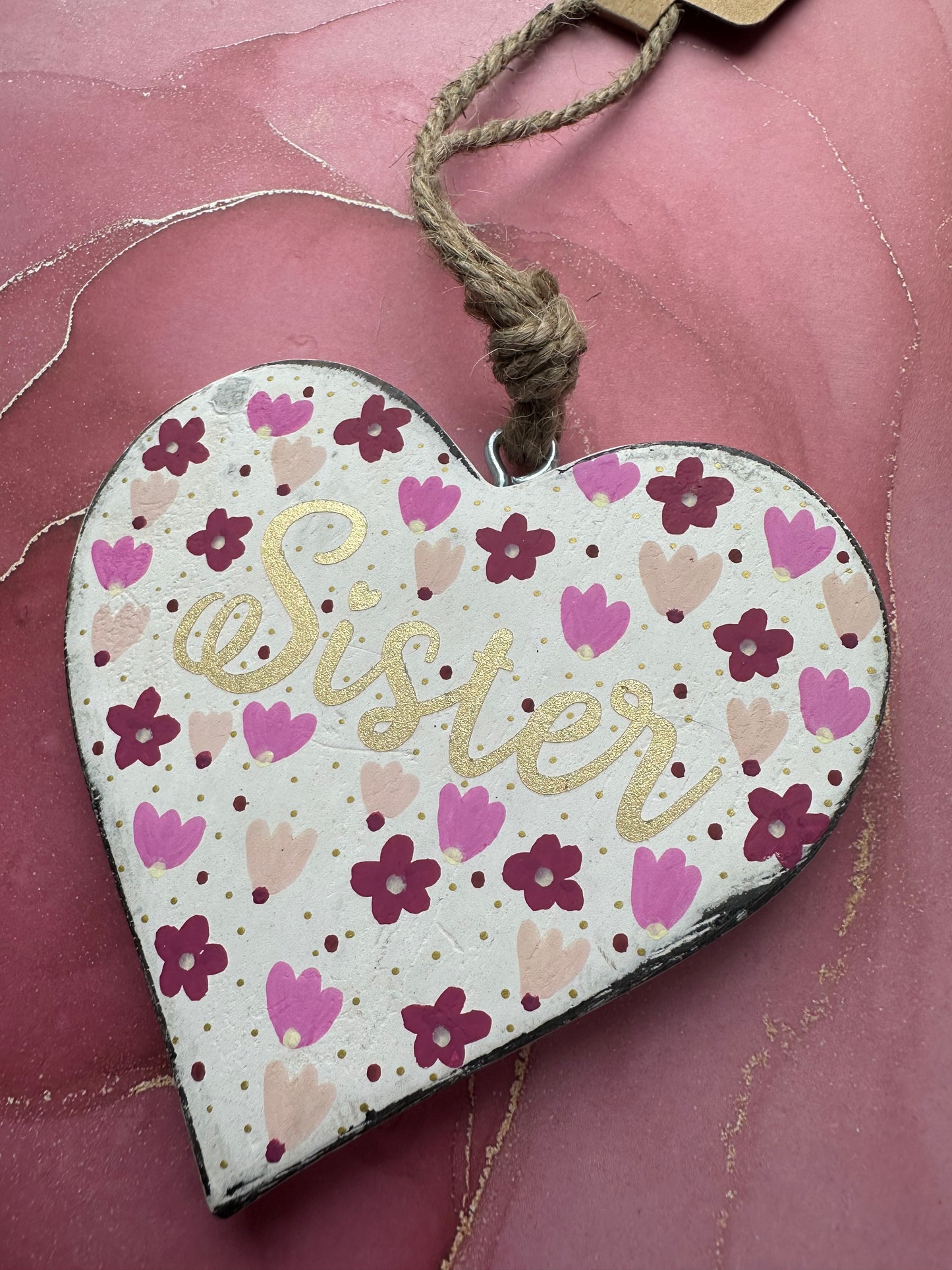 Sister Wooden Heart Pink