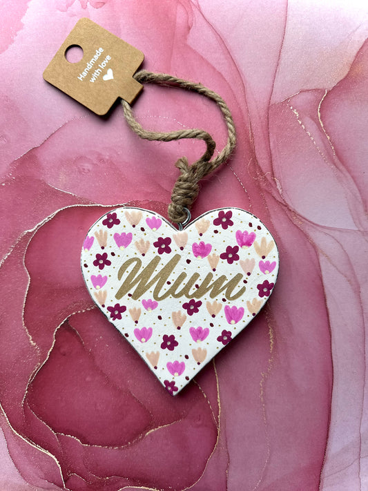 Mum Wooden Heart 10cm Glitter