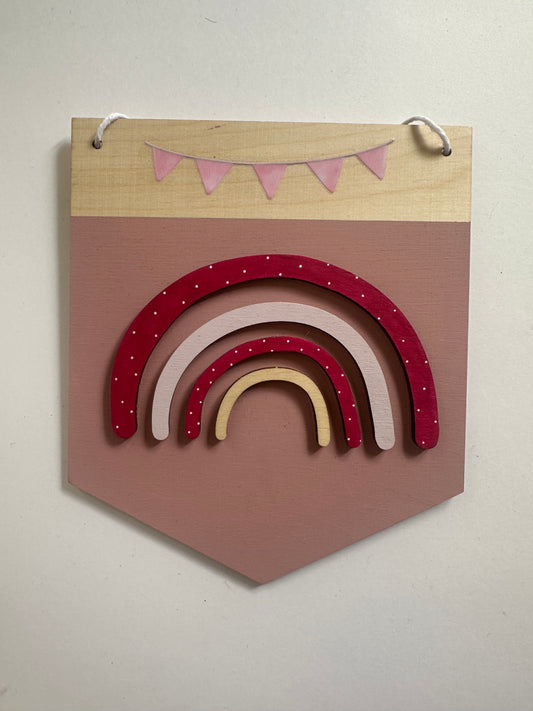Pink rainbow bunting wooden plaque