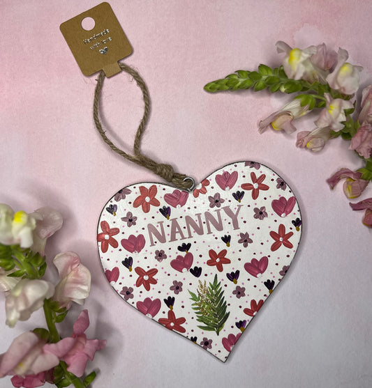 Nanny Wooden Heart 15cm Floral Pink