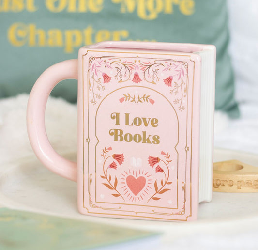 I Love Books Shaped Pink Mug