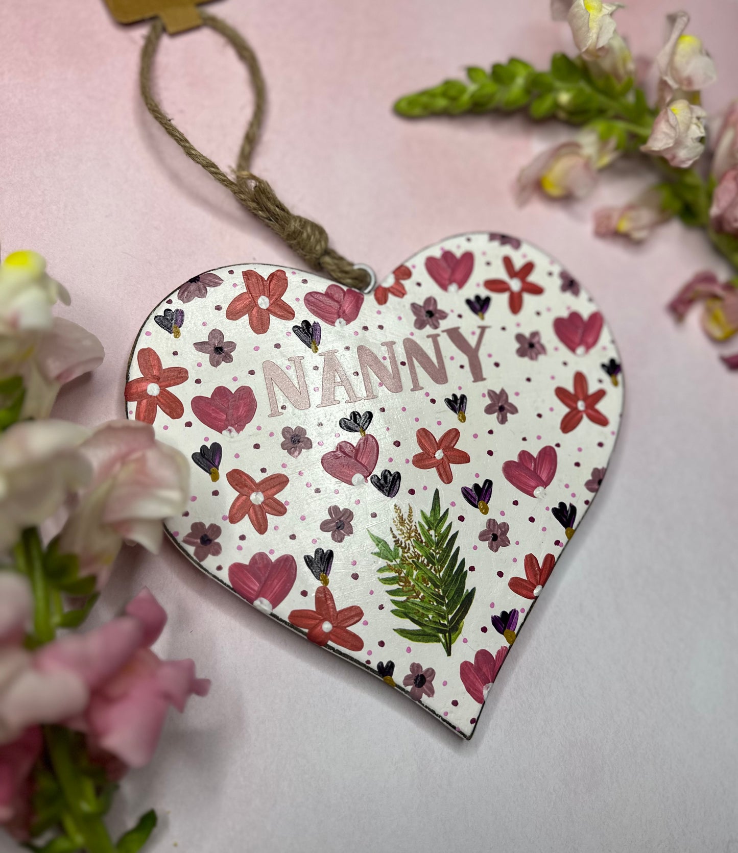 Nanny Wooden Heart 15cm Floral Pink