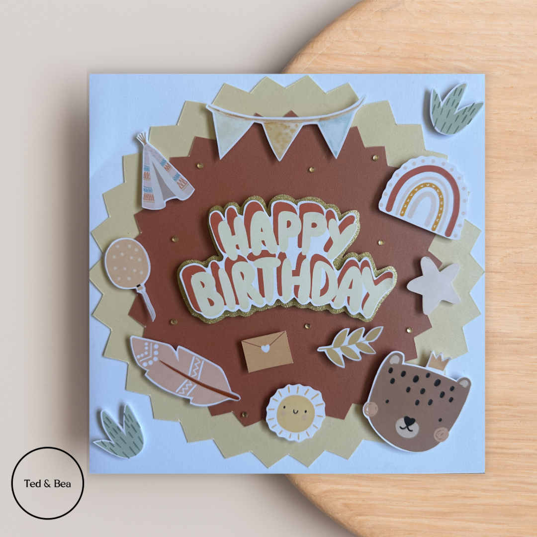 Large Happy Birthday Card Boho Bear