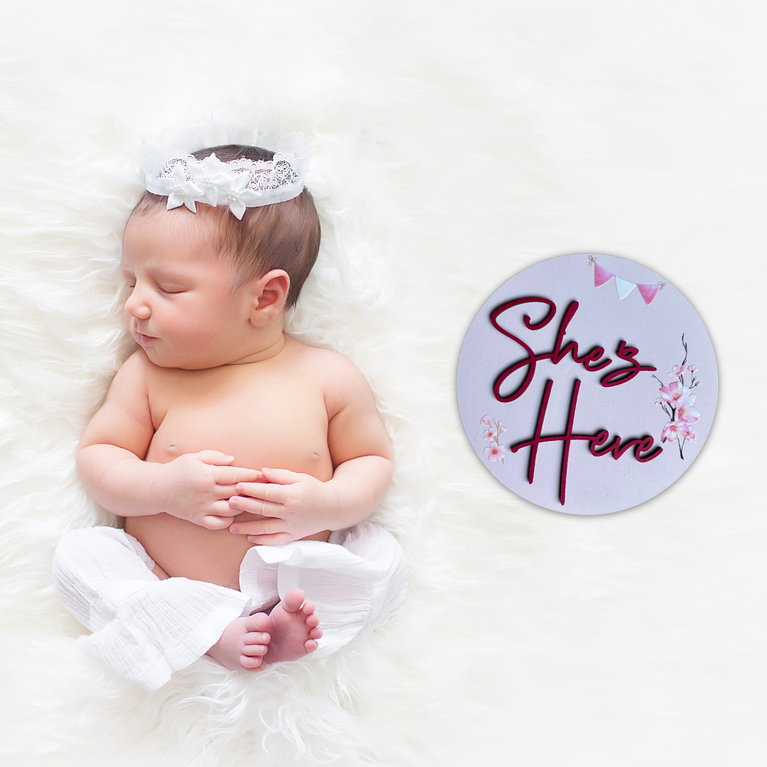 She’s Here Baby Girl Wooden Birth Announcement Disc Photo Prop