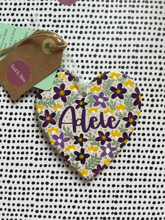 Personalised ceramic heart with hand painted flowers
