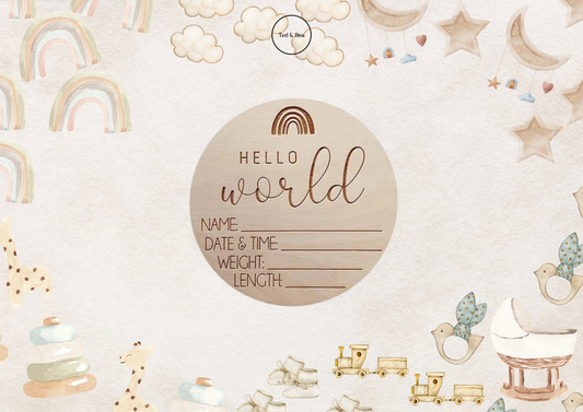 Wooden ‘Hello world’ birth announcement plaque