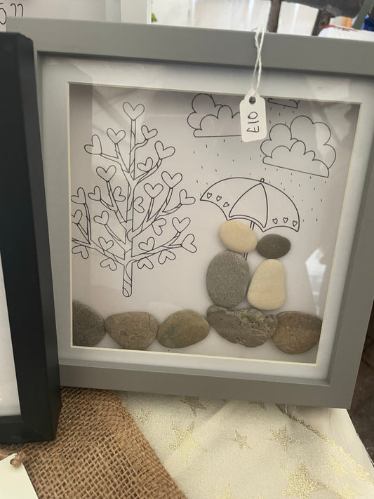 Pebble art box frame. Couple umbrella