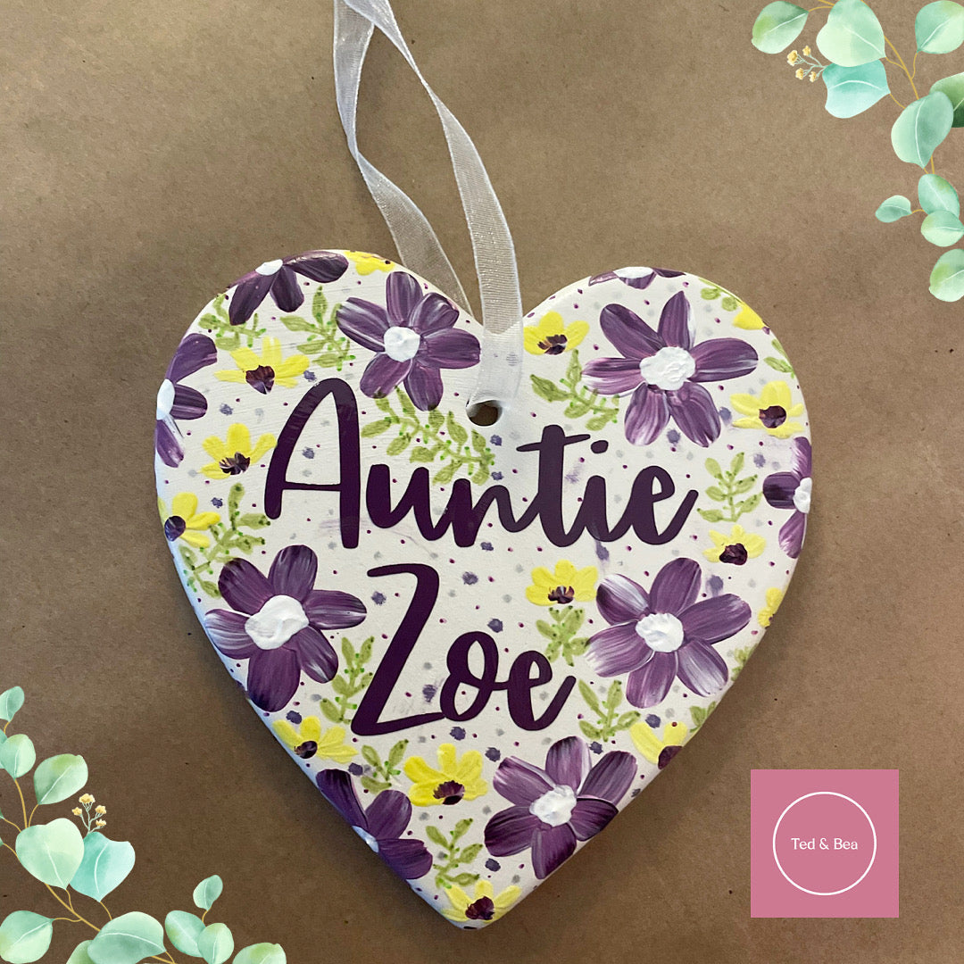 Personalised ceramic heart with hand painted flowers
