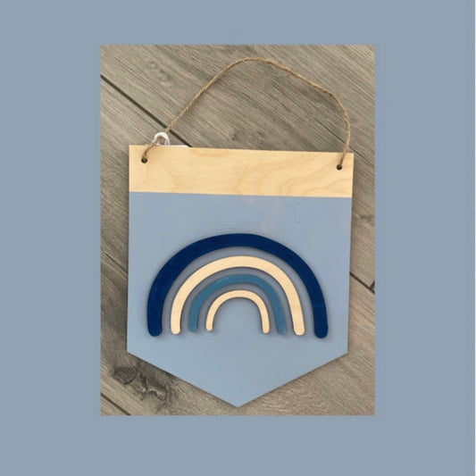 Wooden Rainbow Bunting Plaque - Blue